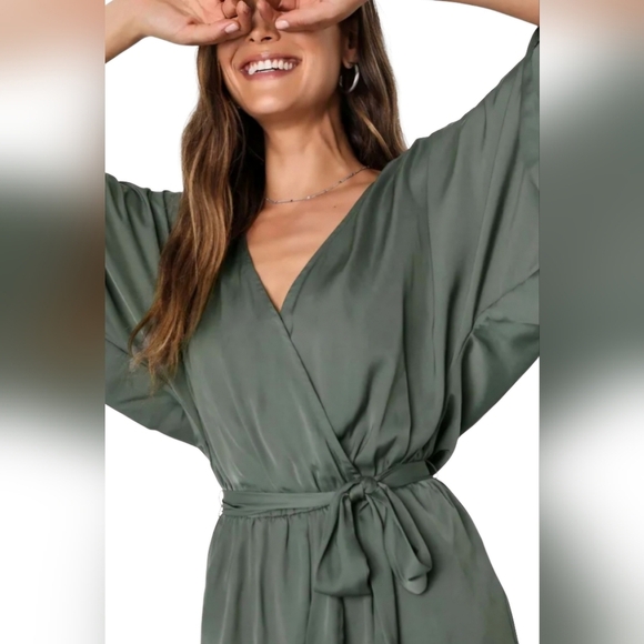 Lulus Ain't It Grand Olive Green Satin Surplice Romper size Medium - Picture 10 of 15